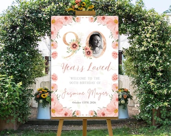 Letrero floral de bienvenida para 90 cumpleaños: plantilla fotográfica con flores rosas (Canva editable)