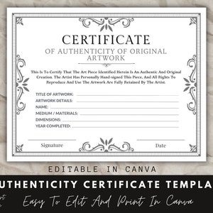 Authenticity Certificate For Artwork, Canva Template, Editable Certificate, Artwork Templates, Instant Download.