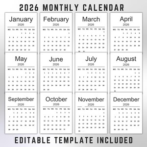 Op de afbeelding: Een maandkalender voor 2026, elke maand op een witte kaart. Elke kaart toont de dagen van de week en de data. De tekst "EDITABLE TEMPLATE INCLUDED" staat onderaan de kalender.