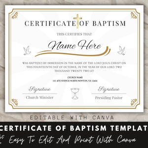 Certificado De Bautismo, Plantilla Canva, Certificado Editable, Certificado De Bautismo Editable, Certificado Canva, Certificado De Bautizo.