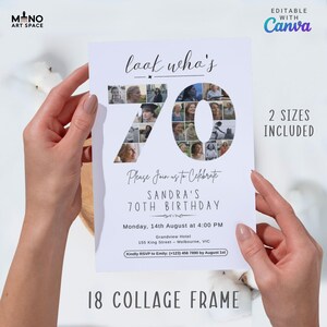Puede incluir: Una tarjeta de invitaci&oacute;n blanca para una celebraci&oacute;n de 70 cumplea&ntilde;os. La tarjeta presenta el texto "look who's 70" con un collage de fotos que forman el n&uacute;mero 70. Se incluyen detalles del evento e informaci&oacute;n de RSVP.