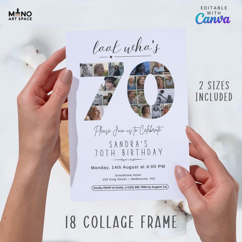 Puede incluir: Una tarjeta de invitaci&oacute;n blanca para una celebraci&oacute;n de 70 cumplea&ntilde;os. La tarjeta presenta el texto "look who's 70" con un collage de fotos que forman el n&uacute;mero 70. Se incluyen detalles del evento e informaci&oacute;n de RSVP.