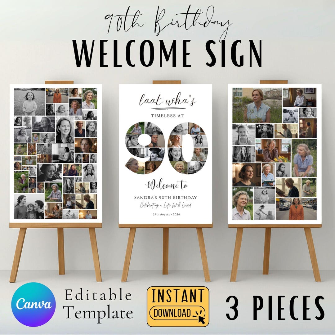 90th Birthday Photo Collage Poster – Editable Welcome Sign (canva ...