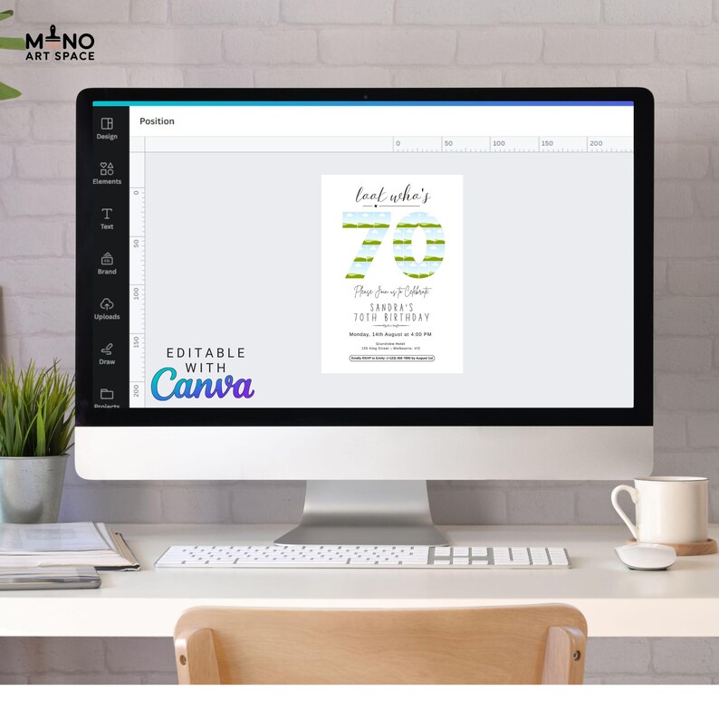 Puede incluir: Un monitor de computadora muestra un dise&ntilde;o de invitaci&oacute;n de cumplea&ntilde;os. La invitaci&oacute;n presenta el texto "loot wha's" encima de un gran "70" con un dise&ntilde;o de paisaje verde y blanco. Tambi&eacute;n es visible el texto "SANDRA'S 70TH BIRTHDAY". Se muestra el logotipo de Canva.