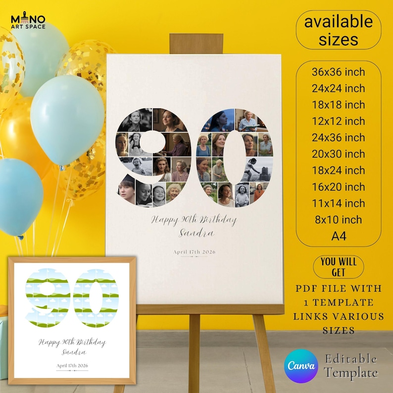 90th Birthday Photo Collage – Editable Party Sign, Canva Template ...