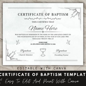 Certificate Of Baptism, Canva Template, Baptism Template, Editable Certificate, Canva Certificate, Christening Certificate.