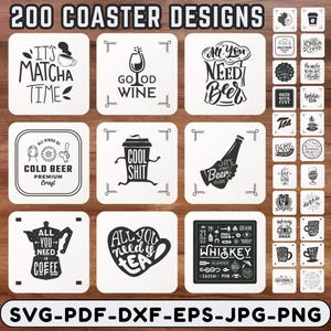 Pacote com 200 designs de porta-copos | Citações engraçadas de café, cerveja, vinho e chá | Arquivos SVG, PDF, DXF, EPS, JPG e PNG para Cricut e corte a laser