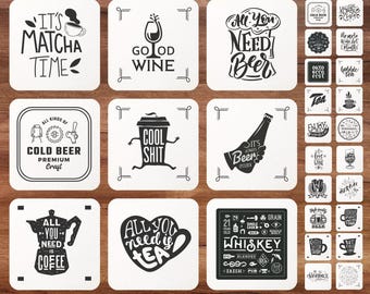 200 Coaster Designs Bundle | Funny Coffee Beer Wine Tea Quotes | Svg Pdf Dxf Eps JPG PNG Files for Cricut & Laser Cutting
