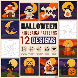Pode incluir: Uma coleção digital de 12 padrões de Kinusaiga de Halloween com ilustrações coloridas de uma casa cogumelo, múmia, caveira, fantasma, morcego, casa assombrada, coruja e gato preto com abóboras. O texto inclui HALLOWEEN KINUSAIGA PATTERNS.