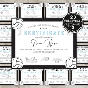 23 Printable Volleyball Certificates, Canva Template, Volleyball Team Certificate Templates, Team Party Printable, End of Season Recognition