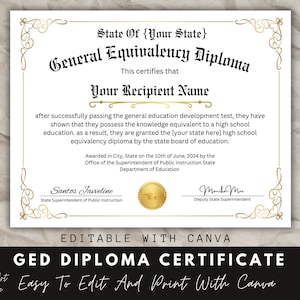 GED Diplom mit Goldsiegel, bearbeitbares Zertifikat, Canva Template, Diplom Zertifikat, Schuläquivalenz Diplom, Sofort Download.
