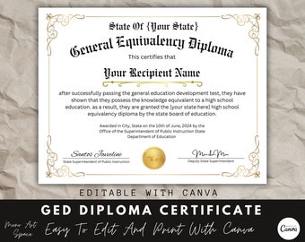 GED Diploma with Gold Seal, Editable Certificate, Canva Template, Diploma Certificate, School Equivalency Diploma, Instant Download.