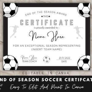 End of Season Soccer Award Certificate, Canva Template, Editable Soccer Team Certificate Template, End of Season Recognition