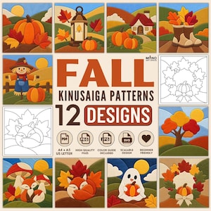 May include: A digital collection of 12 fall-themed Kinusaiga patterns featuring colorful illustrations of pumpkins, foxes, a ghost, a house, and autumn leaves. The set includes PDF, PNG, JPG, and SVG files in A4, A5, and US Letter sizes for crafting.