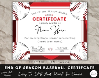 End of Season Baseball Award Certificate, Canva Template, Editable Baseball Team Certificate Template, End of Season Recognition, Award.