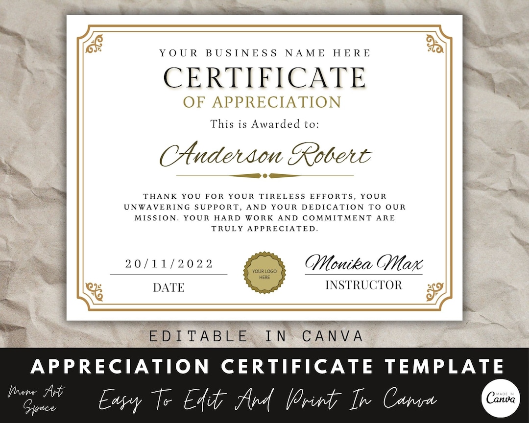 Editable Appreciation Certificate Template, Canva (digital Download) - Etsy