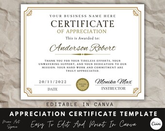 Certificate Of Appreciation Template, Canva Template, Editable Certificate, Appreciation Award, Canva Certificate, Instant Digital Download