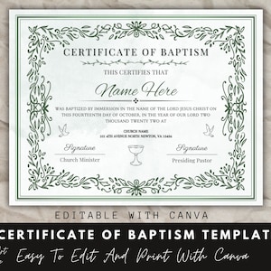 Certificado de Bautismo Editable, Plantilla Canva, Certificado de Bautismo, Certificado Editable, Certificado Canva, Certificado de Bautizo.