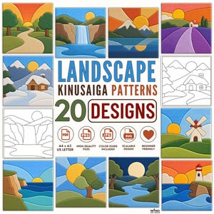 Puede incluir: Una colección de 20 patrones de Kinusaiga de paisajes con coloridas ilustraciones gráficas de escenas naturales que incluyen montañas, cascadas, molinos y faros, con el texto LANDSCAPE KINUSAIGA PATTERNS 20 DESIGNS.