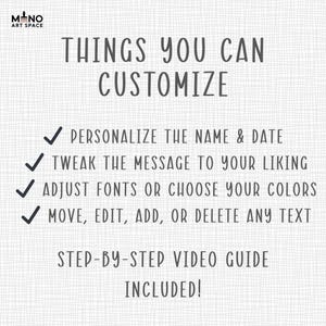 Puede incluir: Fondo blanco con el texto "THINGS YOU CAN CUSTOMIZE" en fuente manuscrita. Debajo, vi&ntilde;etas enumeran opciones de personalizaci&oacute;n: personalizar nombre y fecha, modificar mensaje, ajustar fuentes/colores y editar texto. Se incluye una gu&iacute;a de v&iacute;deo paso a paso.