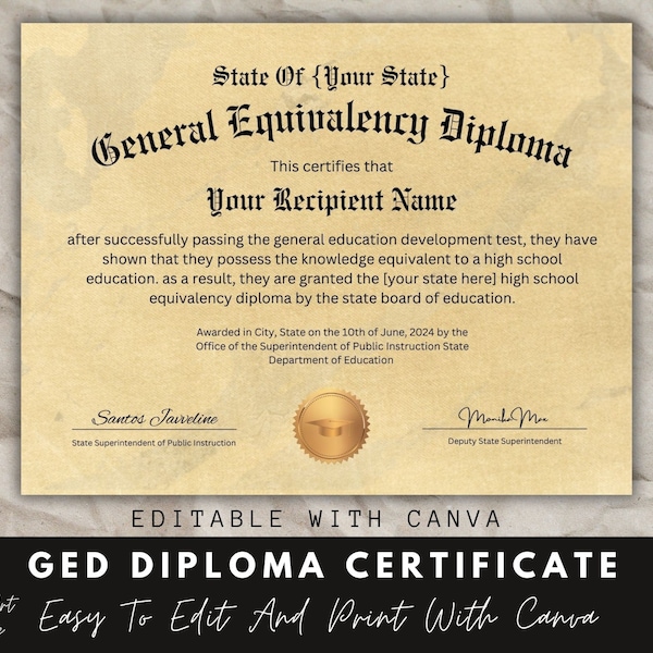 GED Diploma Certificate Template, Editable Certificate, Canva Template, Diploma Certificate, School Equivalency Diploma, Instant Download.