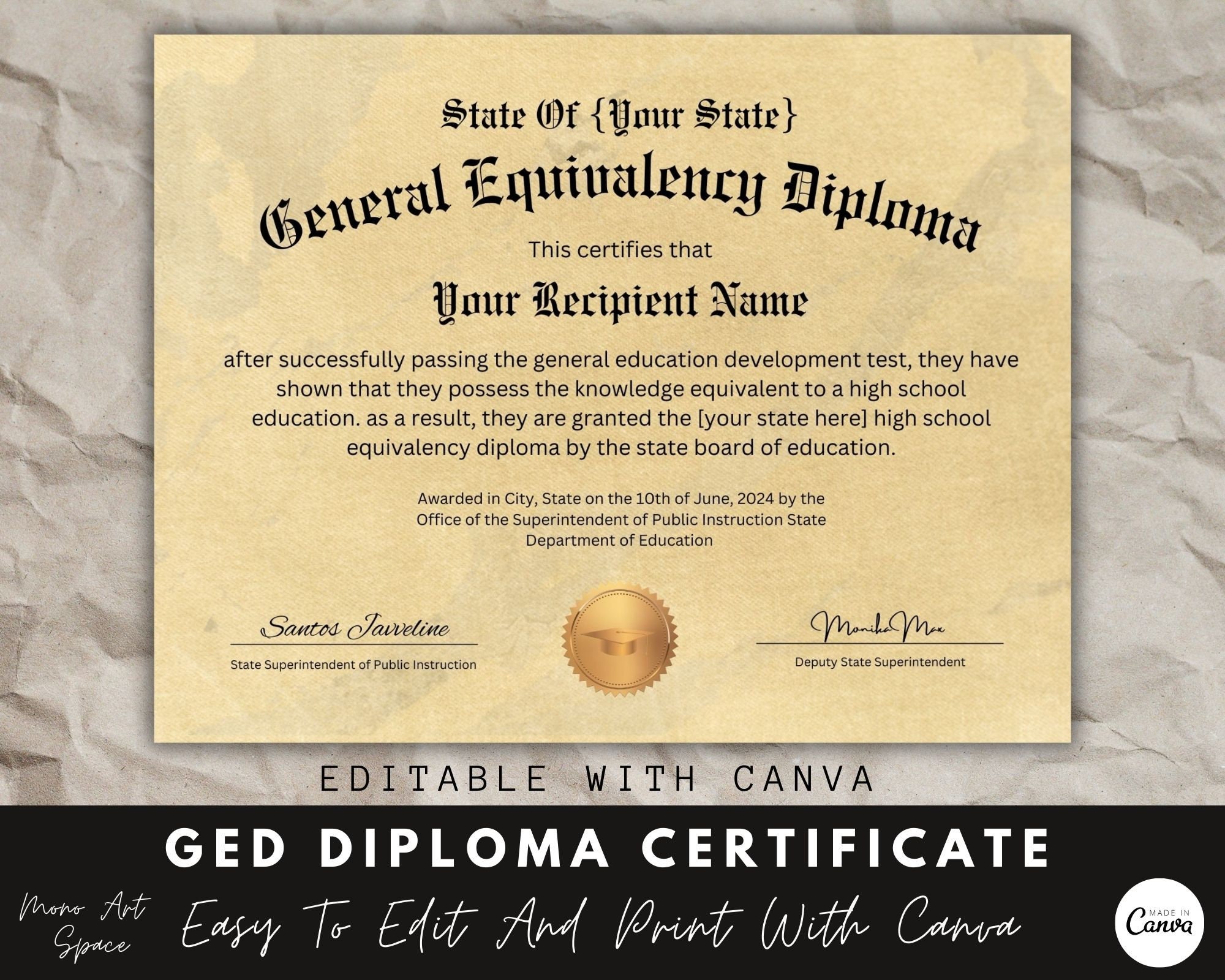 GED Diploma Certificate Template, Editable Certificate, Canva Template, Diploma Certificate, School Equivalency Diploma, Instant Download.