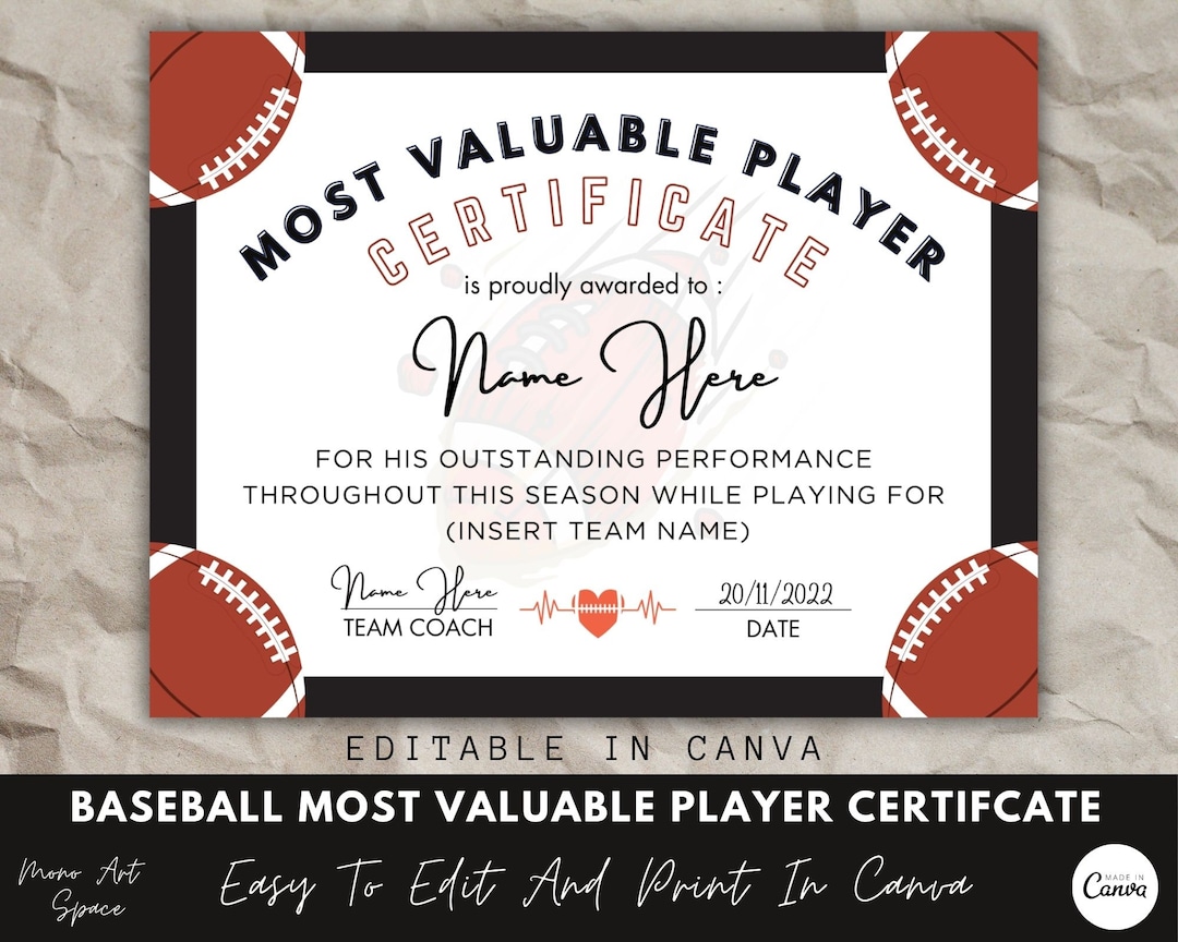 Most Valuable Player Award Certificate, Canva Template, American