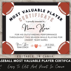 Most Valuable Player Award Certificate, Canva Template, American Football Team Certificate Template, American Football Award, End Of Season