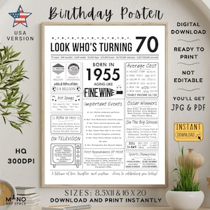 70th Birthday Poster Sign Born in 1955, Vintage Back in 1955 Newspaper Birthday Decor, 70 Years Ago Birthday Gift for Her or Him, JPG PDF