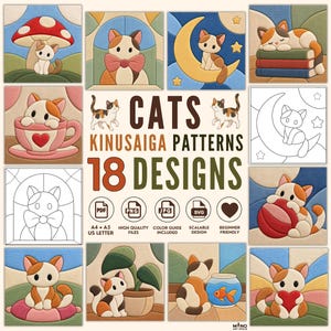 May include: A digital collection of 18 Kinusaiga patterns featuring calico cats in various scenes, including cats with mushrooms, moons, books, teacups, and fishbowls. The set includes PDF, PNG, JPG, and SVG file formats with colour guides.