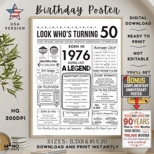 1976 Birthday Newspaper Poster, 50th Birthday Gift (PDF, JPG)