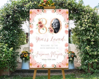 Letrero floral de bienvenida para 80 cumpleaños: plantilla fotográfica con flores rosas (editable en Canva)