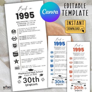 Class of 1995 Reunion Bookmark, Canva Timeline Template, Editable 30th High School Reunion Favor, Printable School Keepsake Gift.