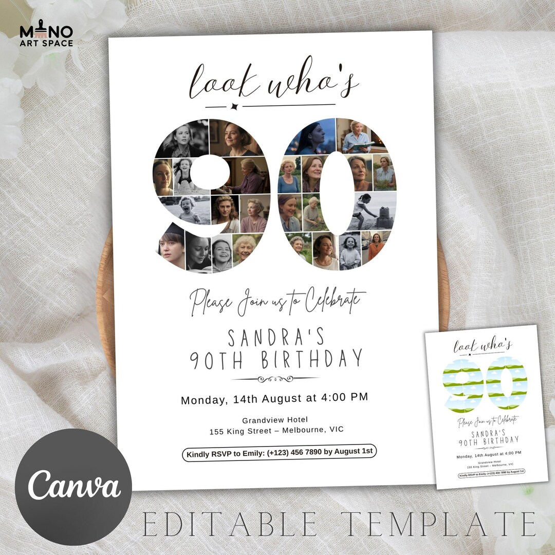 90th Birthday Invitation With Photo Collage | Canva Template (digital ...