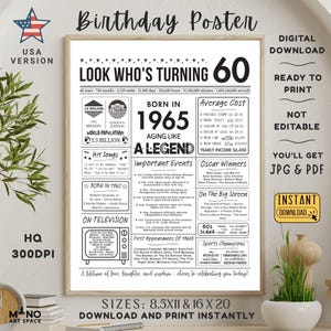 60th Birthday Poster Sign Born in 1965, Vintage Back in 1965 Newspaper Birthday Decor, 60 Years Ago Birthday Gift for Her or Him, JPG PDF