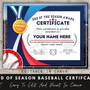 End of Season Baseball Award Certificate, Canva Template, Editable Baseball Team Certificate Template, End of Season Recognition