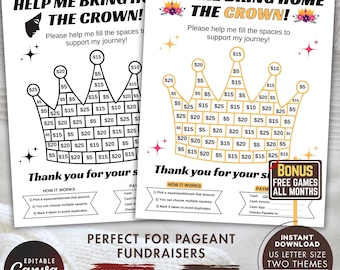 Pageant Fundraiser Game: Fill the Crown Donation Tracker (Canva Editable PDF)