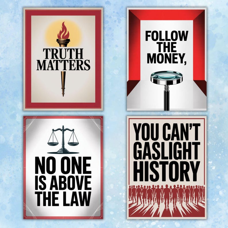 K&ouml;nnte beinhalten: Vier gerahmte Poster mit motivierenden Botschaften. Die Poster zeigen Texte wie "Truth Matters", "Follow the Money", "No One is Above the Law" und "You Can't Gaslight History". Jedes Poster hat ein einzigartiges Design und Farbschema.