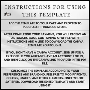 Puede incluir: Gr&aacute;fico en blanco y negro con instrucciones para usar una plantilla. El texto detalla pasos como comprar, descargar un PDF y personalizar la plantilla. El logotipo de M-NO Art Space es visible.