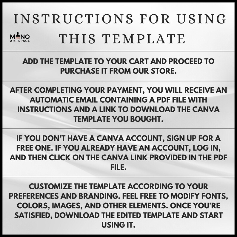 Puede incluir: Gr&aacute;fico en blanco y negro con instrucciones para usar una plantilla. El texto detalla pasos como comprar, descargar un PDF y personalizar la plantilla. El logotipo de M-NO Art Space es visible.