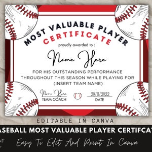 May include: A red and white baseball certificate template with a baseball graphic and the text "Most Valuable Player Certificate" and "Editable in Canva".