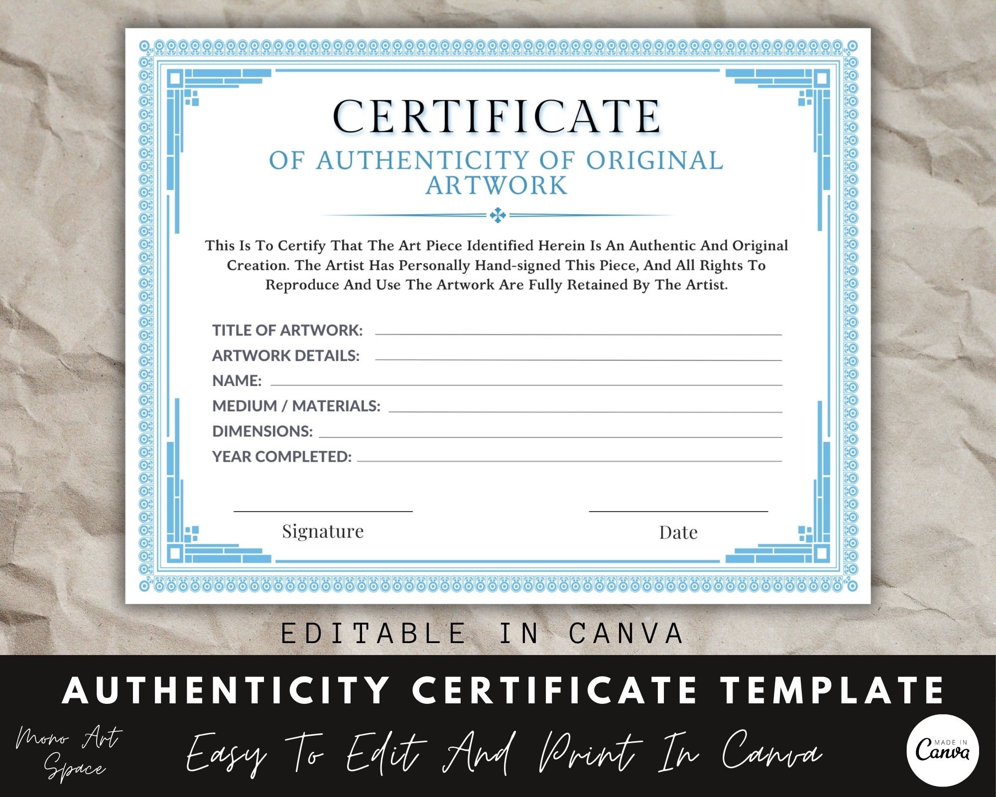 Certificate Of Authenticity For Artwork, Canva Template, Editable Certificate, Artwork Templates, Instant Download.