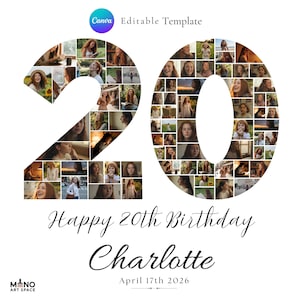 20th Birthday Photo Collage Template: Editable Milestone Sign (Canva, Digital Download
