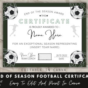 End of Season Football Award Certificate, Canva Template, Editable Football Team Certificate Template, End of Season Recognition