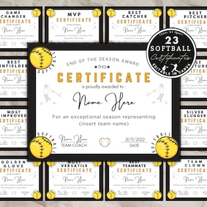 23 Softball Certificate Templates, Printable Softball Certificates, Canva Template, Team Party Printable, End of Season Softball Awards.
