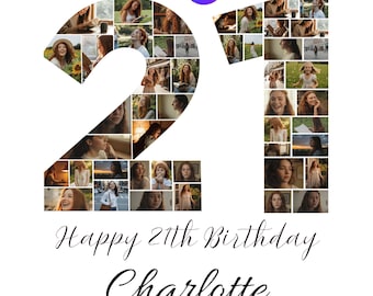 Poster collage fotografico per il 21° compleanno: modello Canva modificabile (download digitale)