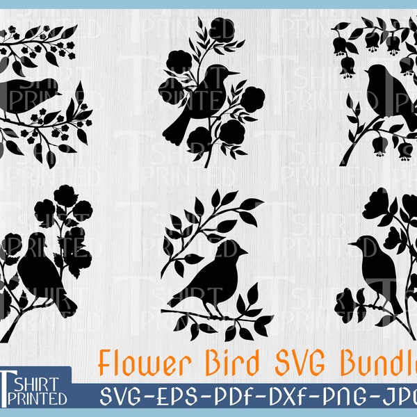 Oiseau floral SVG, Oiseau T-shirt svg, Oiseaux et fleurs, Svg floral, Fichier de coupe d’oiseau floral, oiseau svg, Dxf, Png, Eps, Jpg, Pdf.