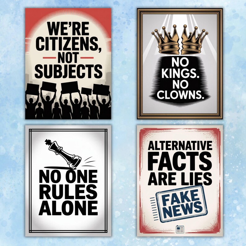 K&ouml;nnte beinhalten: Vier Poster mit fettem Text und Grafiken. Eines lautet "WE'RE CITIZENS, NOT SUBJECTS" mit Silhouetten von Personen, die Schilder halten. Ein anderes sagt "NO KINGS. NO CLOWNS." mit zwei Kronen. Ein drittes sagt "NO ONE RULES ALONE" mit einer Schachfigur. Das letzte sagt "ALTERNATIVE FACTS ARE LIES" mit "FAKE NEWS."