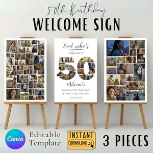 Paquete de letreros de bienvenida para 50 cumpleaños, pósteres de collage de fotos, plantillas editables de Canva, decoración imprimible para fiestas, ¡Mira quién cumple 50!, descarga instantánea.