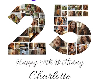 Plantilla de collage de fotos para el 25.º cumpleaños: Recuerdo de un hito (editable en Canva, descarga digital)